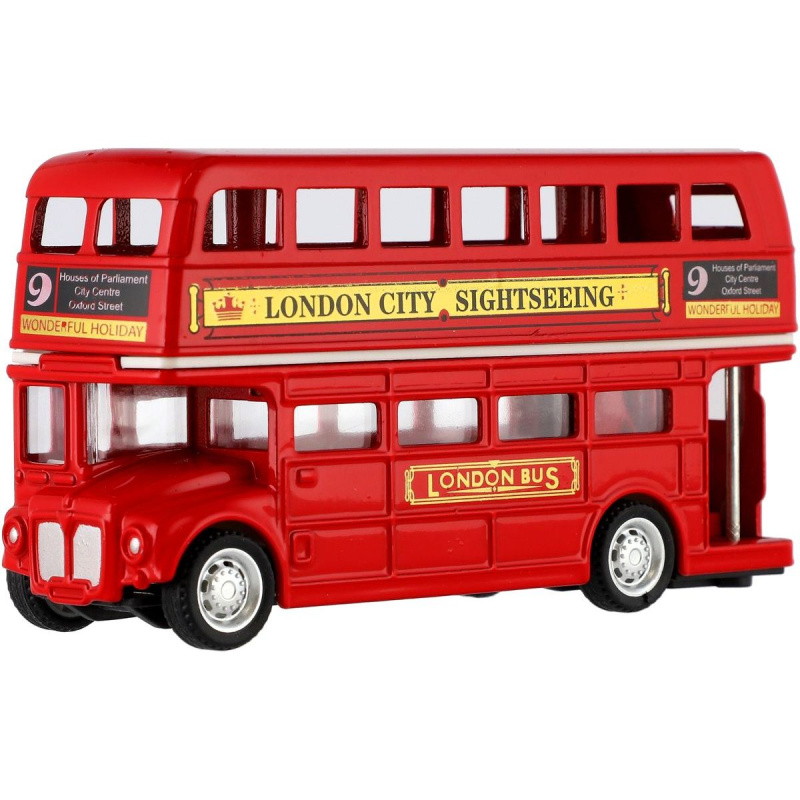 Teddies Autobus "Londýn" červený patrový kov/plast 12cm na zpětné natažení 17x13,5x6cm
