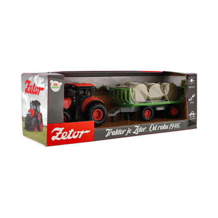 Traktor Zetor s vlekem a balíky plast 36cm na setrvačník na bat. se světlem se zvukem v krab. 39x13