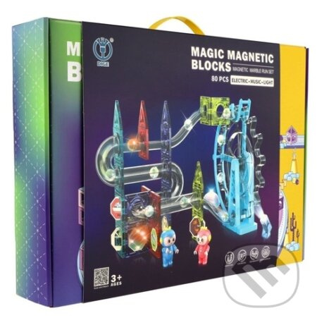 Kuličková dráha magnetická plast 80ks 16 kuliček + doplňky na baterie se světlem v krabici 47x35x9cm