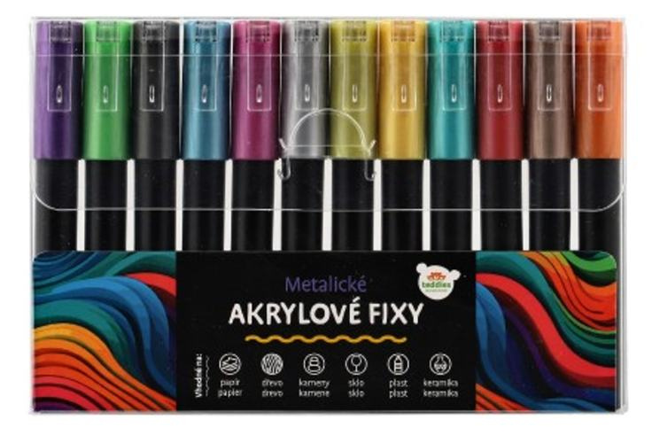 Fixy akrylové metalické 12ks i na keramiku,sklo,kameny, hrot 4mm v blistru 18,5x12cm