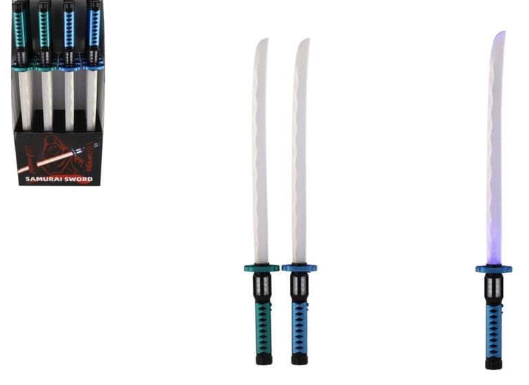 Meč samurajský svítící plast 73cm na baterie se zvukem se světlem 2 barvy 16ks v boxu