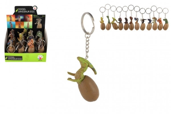 Přívěsek na klíče dinosaurus ve vajíčku kov/plast 6cm mix druhů 12ks na kartě