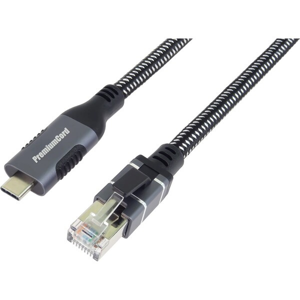 PremiumCord USB-C/RJ45 Cat6 síťový kabel 2m černý/bílý