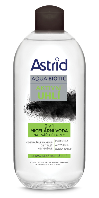 ASTRID AQUA BIOTIC aktivní uhlí micelární voda 3v1, normální až mastná pleť, 400 ml