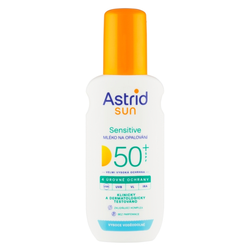 Astrid Sun Sensitive mléko na opalování ve spreji SPF 50+ s vysokou UV ochranou 150 ml