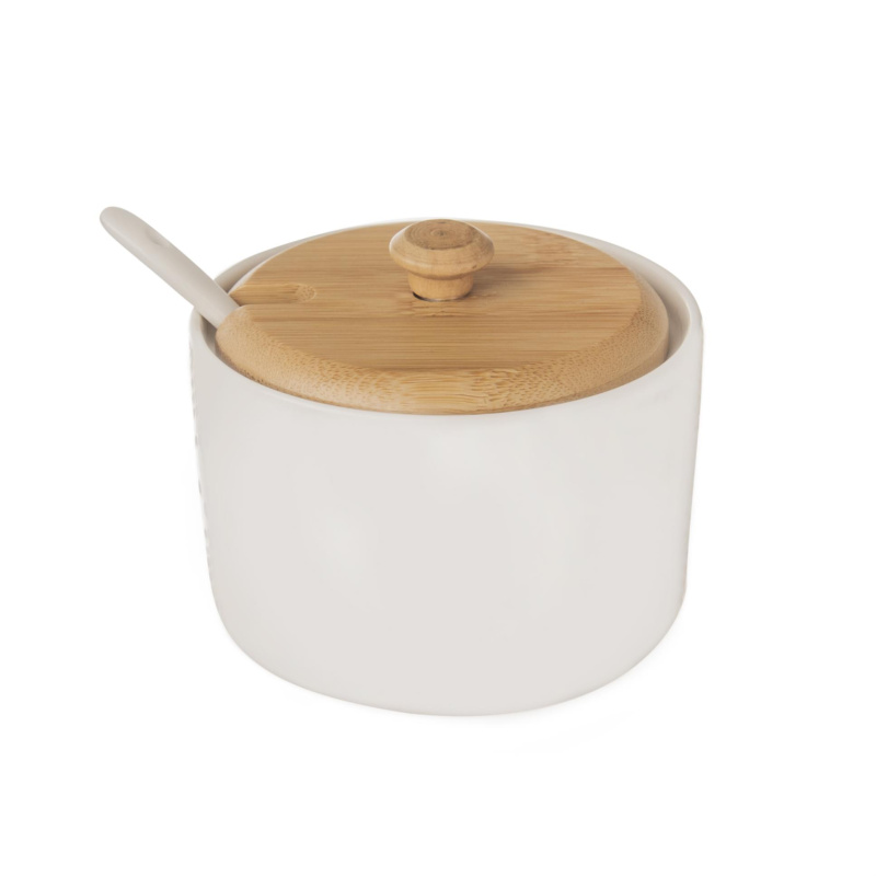 Tvoříme vaši domácnost - Orion Porcelánová cukřenka Orion - dřevo + lžička, bílá, průměr 9,5 cm