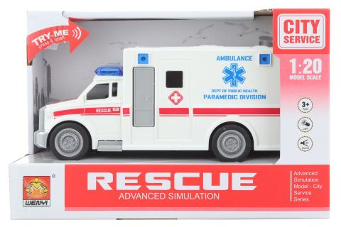 Bílá sanitka na baterie se světly a zvuky