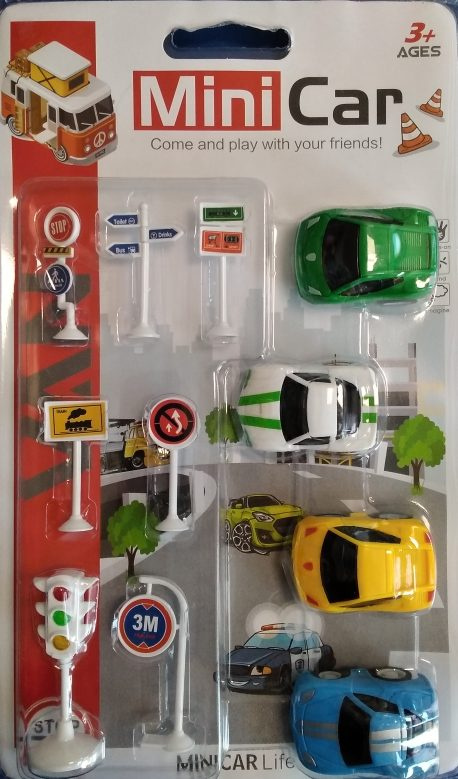 Sada mini autíček s dopravními značkami závoďáky