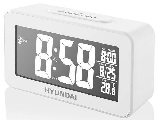 Budík Hyundai AC 321 W / LCD displej / -10 °C do +50 °C / čas řízen rádiovým signálem DCF 77 / bílá Varianta: ivi1