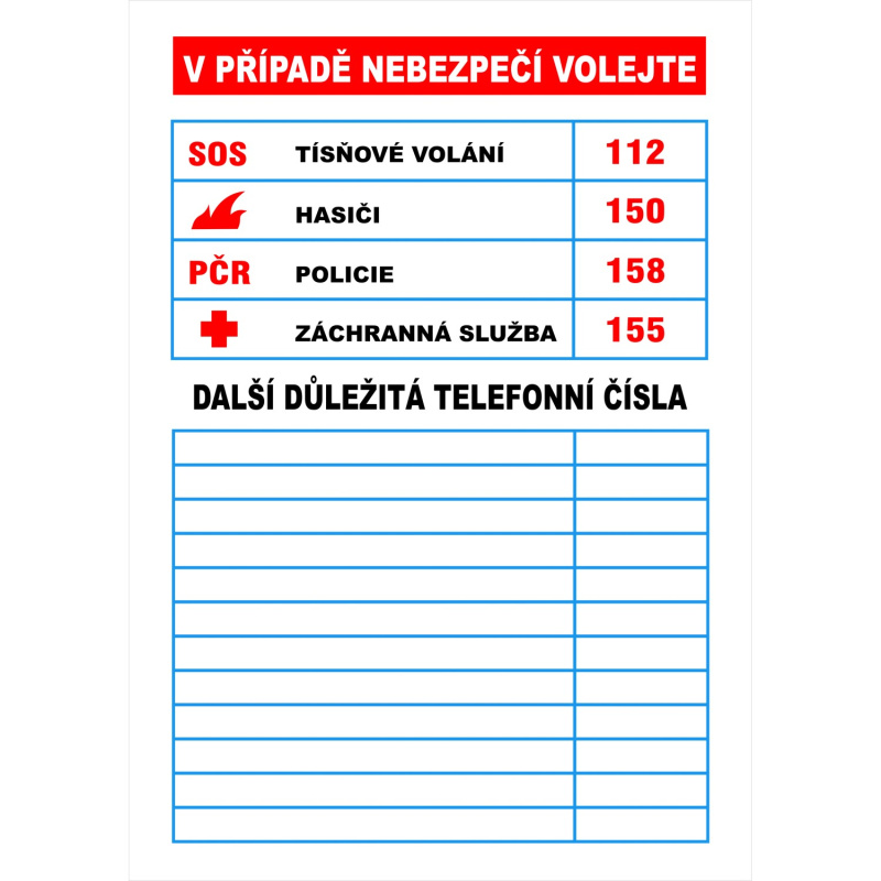 Samolepka Důležitá čísla 105 mm x 74 mm