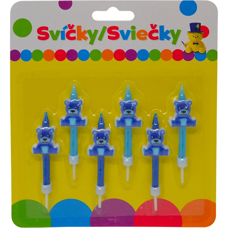 Narozeninové svíčky s modrým medvídkem a držákem, 6 ks