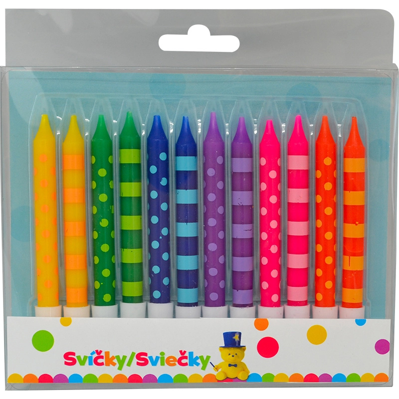 Narozeninové svíčky 8 cm s puntíky a pruhy, 12 ks