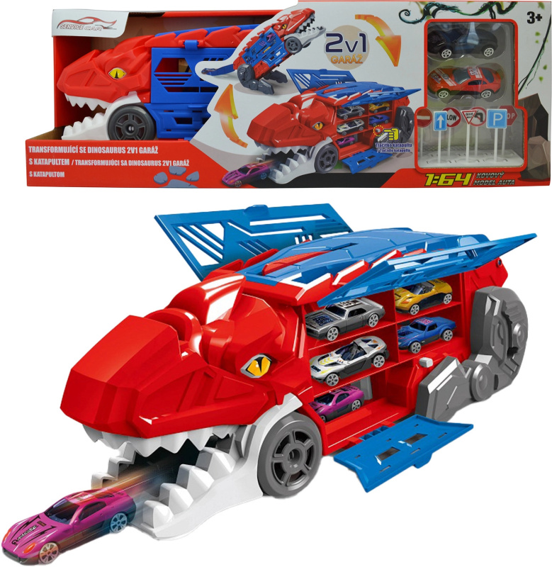 Transformující se dinosaurus 2v1 garáž s katapultem