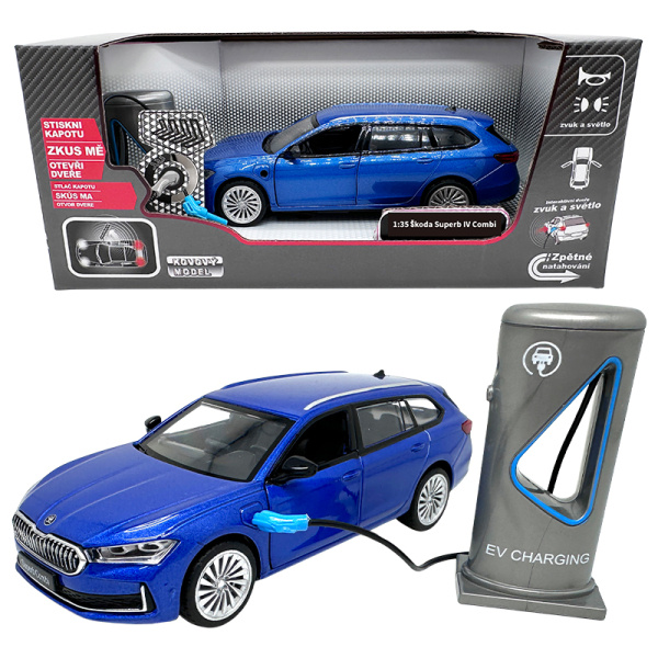 Kovový model - 1:35 Škoda Superb IV Combi modré + nabíjecí stanice