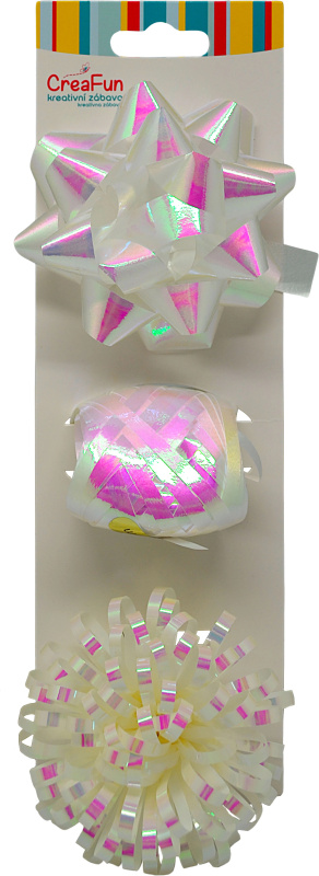 Dárková sada bílá duhově lesklá – stuha 10 m a 2 mašle