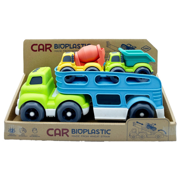 Bioplastový Truck – Přepravník a dvě autíčka (žlutá míchačka, zelený sklápěč) 37 cm