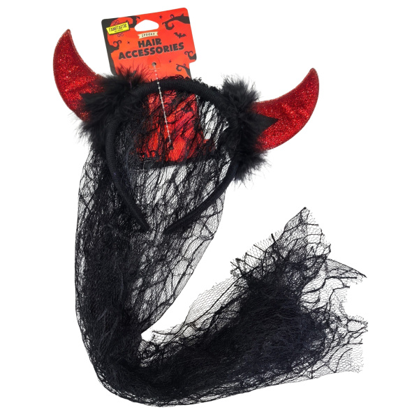 Halloween čelenka rohy a černý závoj