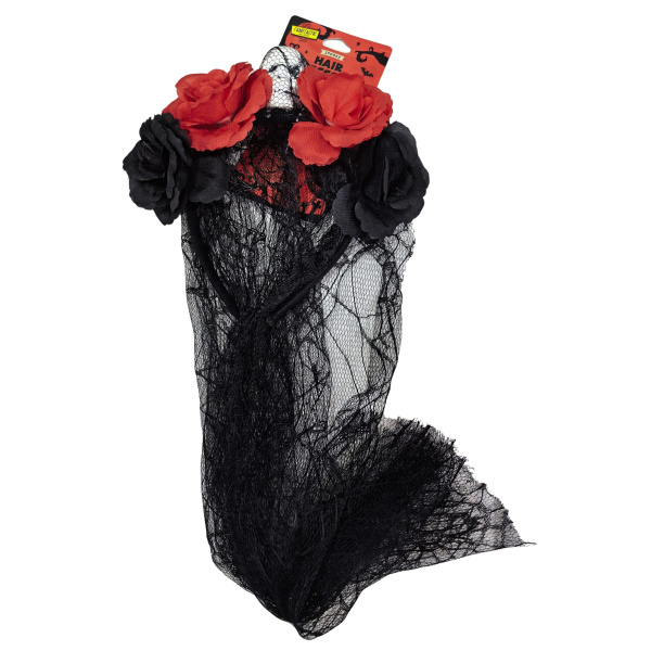 Halloween čelenka závoj, růže a lebka