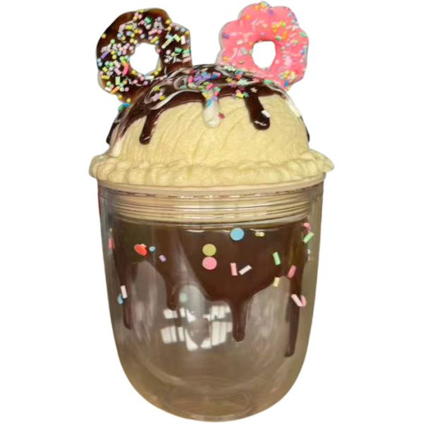 Kelímek s víčkem a brčkem - PRŮHLEDNÝ S DONUTY (350 ml)