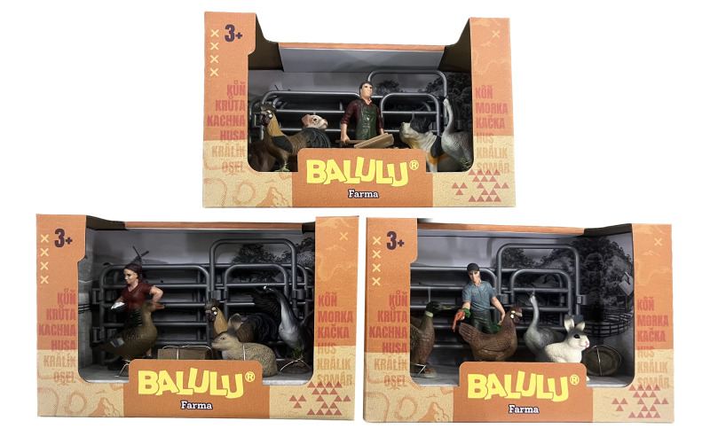 BALULU - Herní set Drůbež a drobné zvířectvo s figurkou a ohradou, 3 druhy