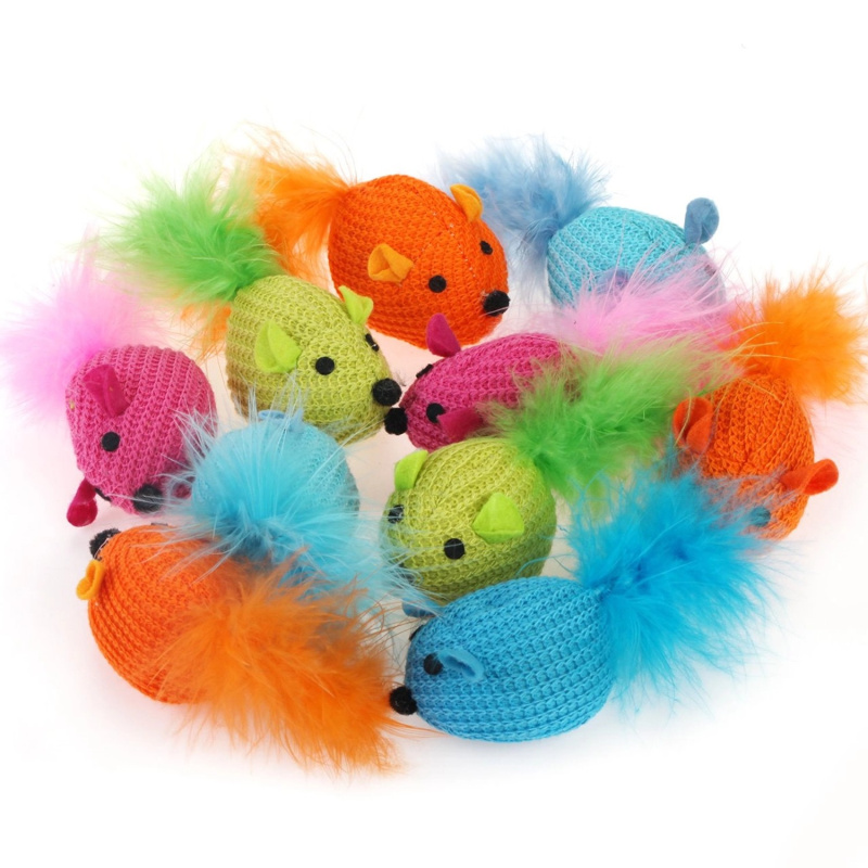 Olala Pets Hračka pro kočky se šantou - pletená myška s peřím 6 cm, 2 ks