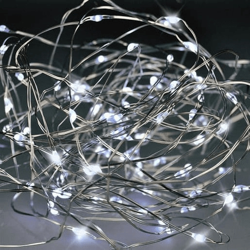Vánoční řetěz stříbrný, 100 x mini LED, 10 m, 3 x AAA, studené světlo