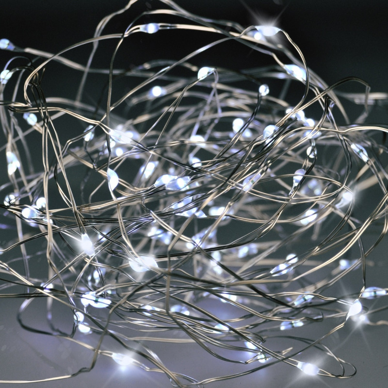 Vánoční řetěz stříbrný, 100 x mini LED, 10 m, 3 x AAA, studené světlo