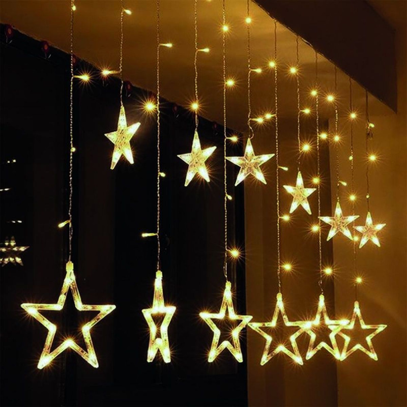 LED venkovní vánoční závěs, hvězdy, šíře 3 m, 123LED, IP44, 3 x AA, teplá bílá