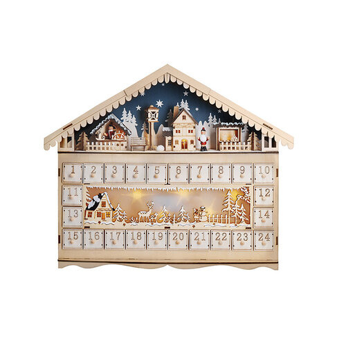 LED adventní kalendář - horská chata, 10 x LED, 50 x 40 cm, 2 x AA