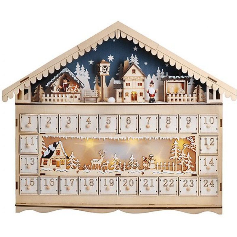LED adventní kalendář - horská chata, 10 x LED, 50 x 40 cm, 2 x AA