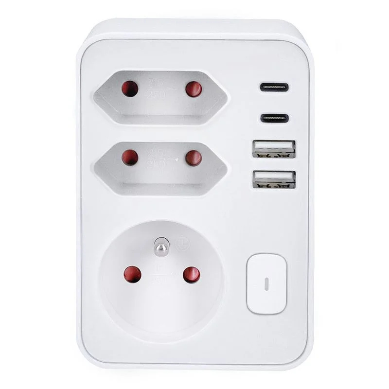 Solight Zásuvka rozbočovací, 1x 16A + 2x 2,5A, 2xUSB A+C 20W PD, bílá, vypínač