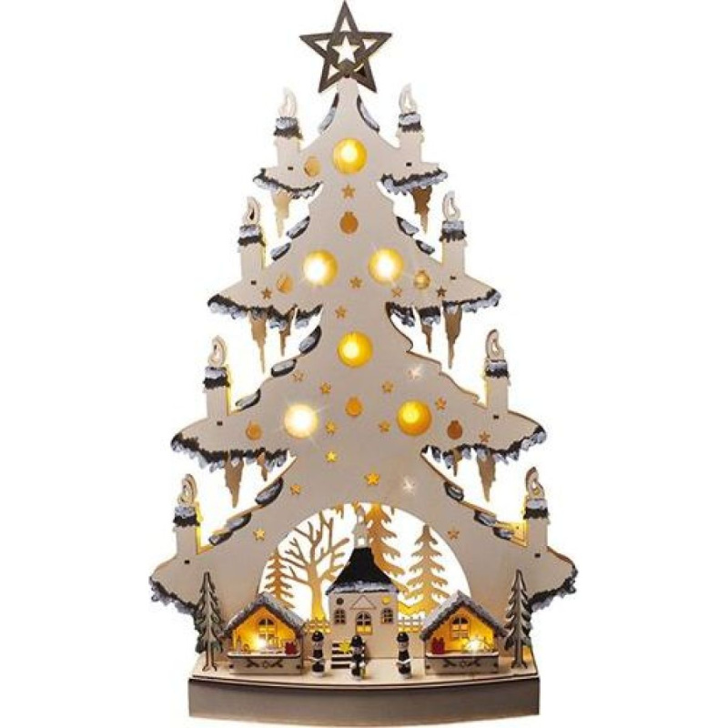LED dřevěný vánoční stromek s dekoracemi, 23 x LED, přírodní barva, 64 cm, 2 x AA