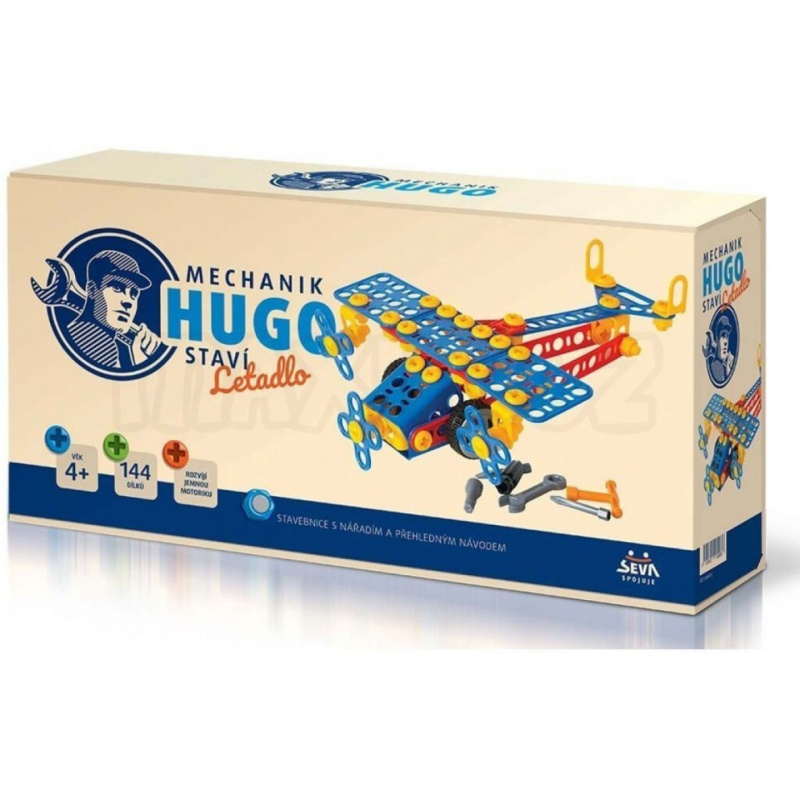 Mechanik Hugo staví Letadlo Seva stavebnice s nářadím 144ks 4+
