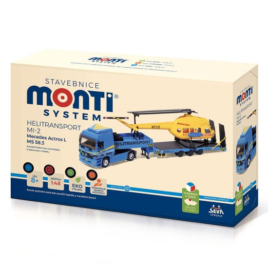 Stavebnice Monti System MS 58.3 Helitransport MI-2 Mercedes Actros L 1:48 v krabici 31,5x21x8cm