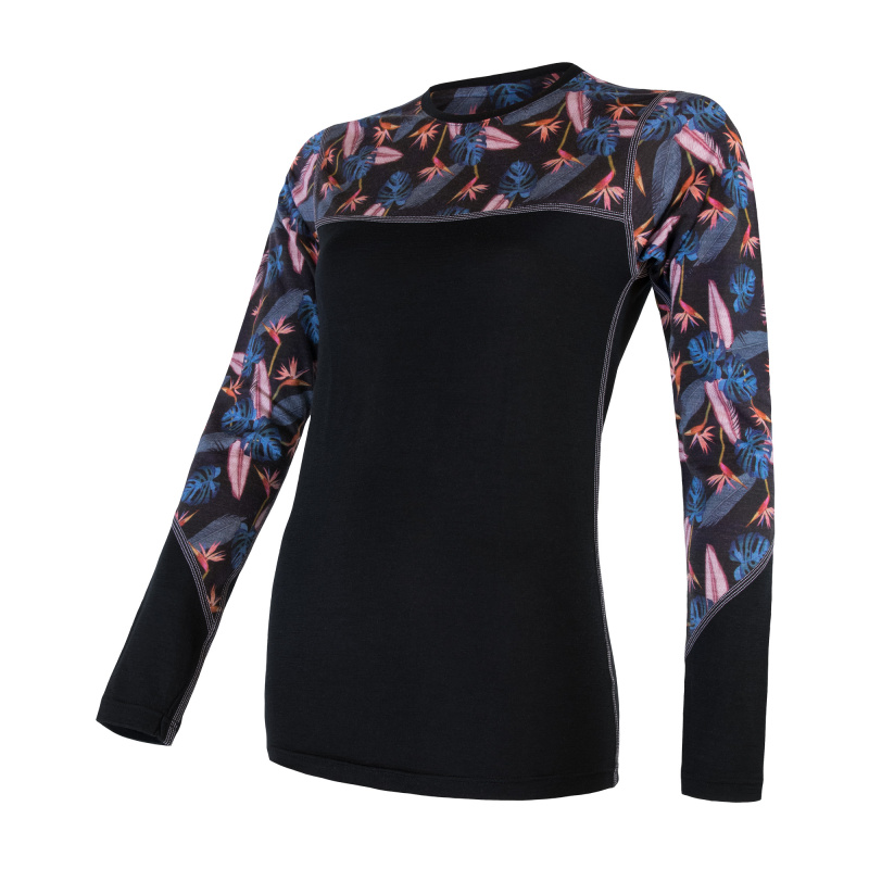 Dámské termo tričko SENSOR Merino impress černá/floral Barva: černá, Velikost: S