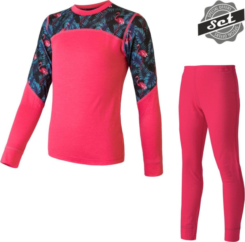 SENSOR MERINO IMPRESS SET dětský triko dl.rukáv + spodky magenta/floral Velikost: 130