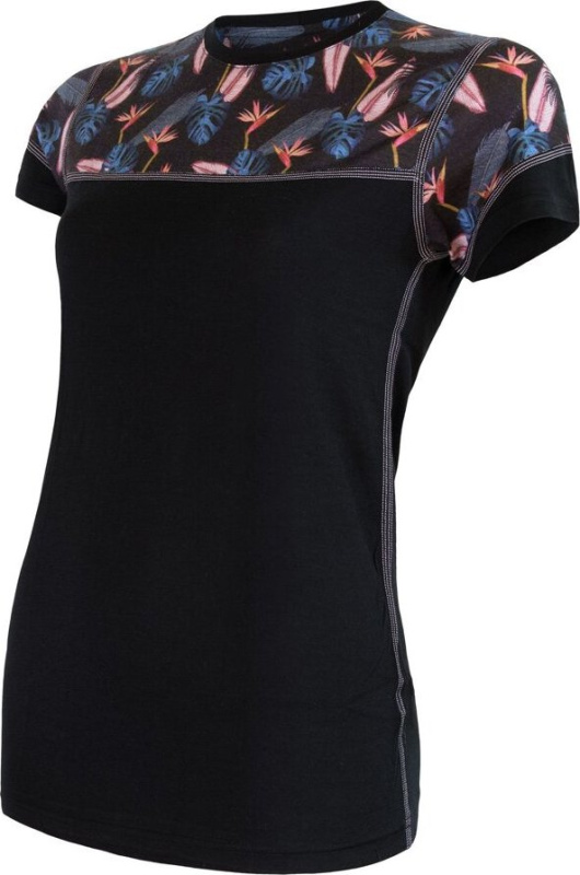 Dámské merino tričko SENSOR impress černé/floral Barva: černá, Velikost: S