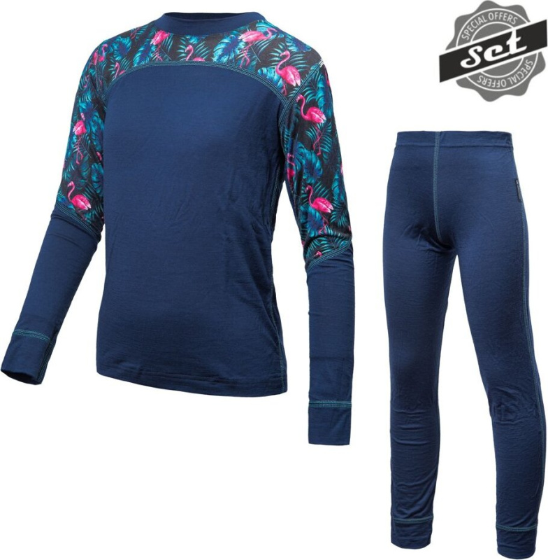 Dětský termo set SENSOR Merino Impress deep blue/floral Barva: Modrá, Velikost: 110