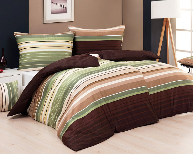 Matějovský povlečení LAURELIN, pruhované, zeleno-hnědé, flanel premium, 140x200cm + 70x90cm