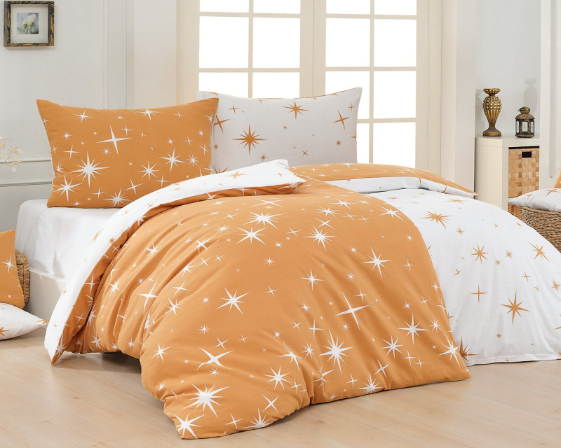 Matějovský povlečení ARIETTA GOLD, hvězdy orion, tmavě žluto-bílé, flanel premium, 140x200cm + 70x90cm