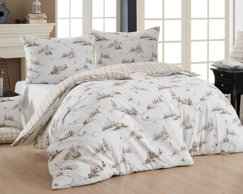 Matějovský povlečení FROSTY, béžové káro a zimní vzor, flanel premium, 140x200cm + 70x90cm