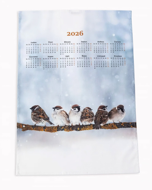 Matějovský Textilní kalendář, utěrka VRABČÁCI 2026, světle šedý, 50x70cm, bez hůlky