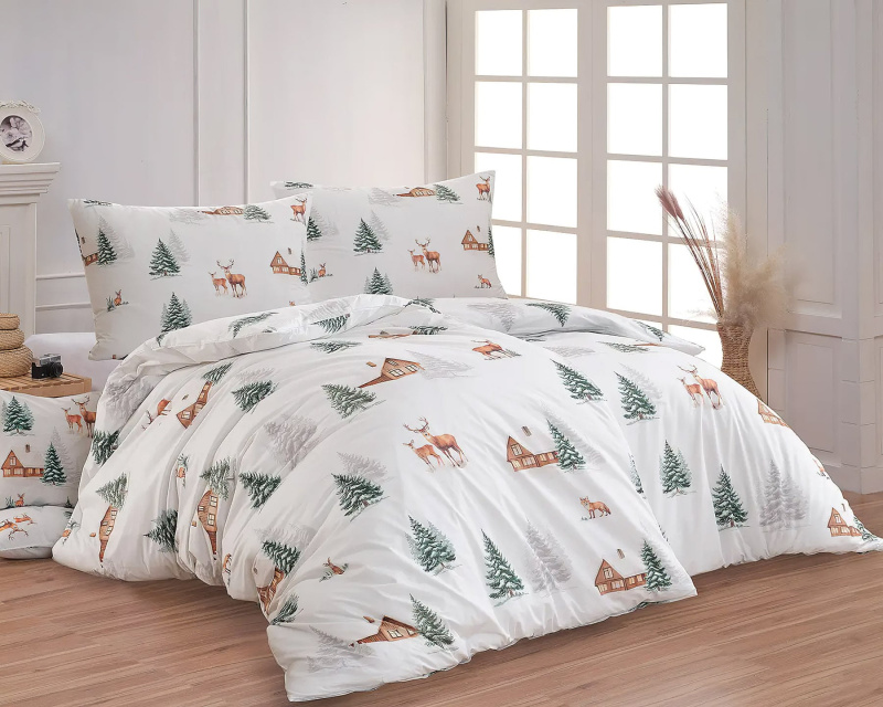 Matějovský Povlečení MYRO, zimní hnědé chaloupky, bílé, bavlna hladká digitál, 140x200cm + 70x90cm