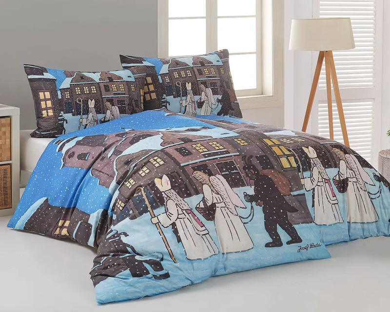 Matějovský povlečení JOSEF LADA MIKULÁŠ, ANDĚL A ČERT, modré, bavlna hladká digitál, 140x200cm + 70x90cm