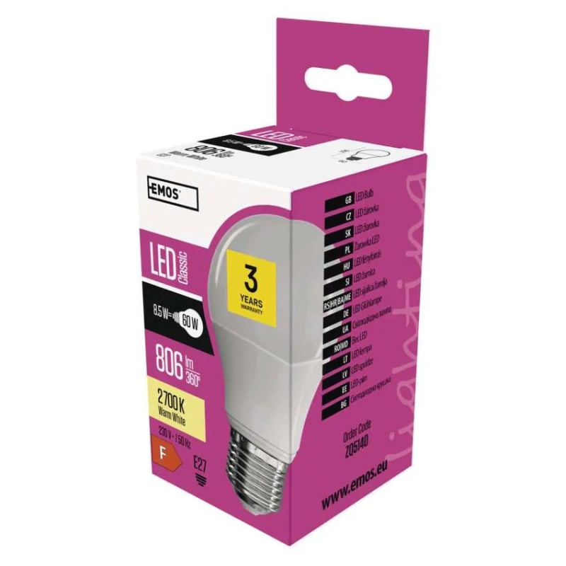 Emos lighting LED žárovka Classic A60 / E27 / 8,5 W (60 W) / 806 lm / teplá bílá 1525733201