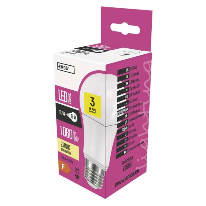 Emos lighting LED žárovka Classic A60 / E27 / 10,7 W (75 W) / 1 060 lm / teplá bílá 1525733203
