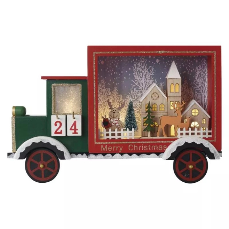 Emos Adventní kalendář - dřevěné auto, 2xAA, 12 LED, teplá bílá, 20 x 30,5 cm