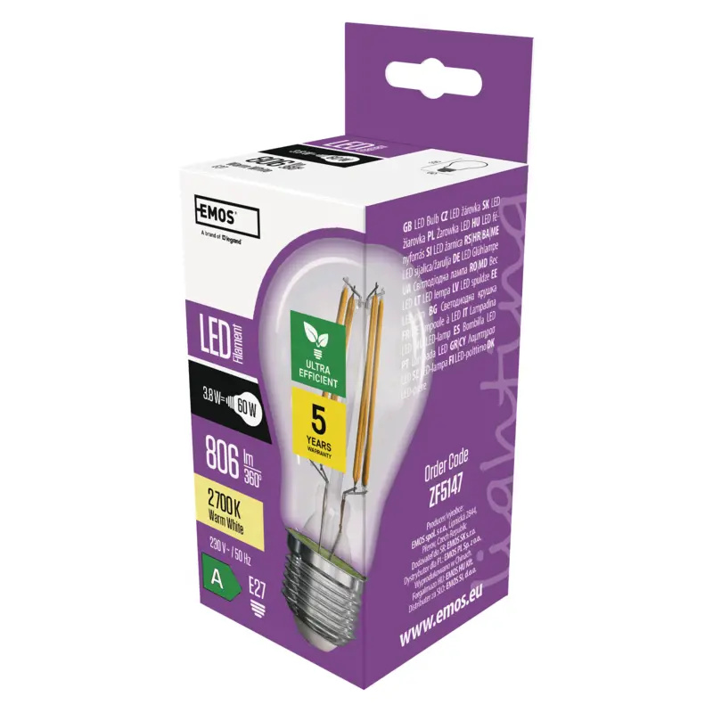 Emos lighting LED žárovka Filament A60 A CLASS / E27 / 3,8 W (60 W) / 806 lm / teplá bílá 1525283273