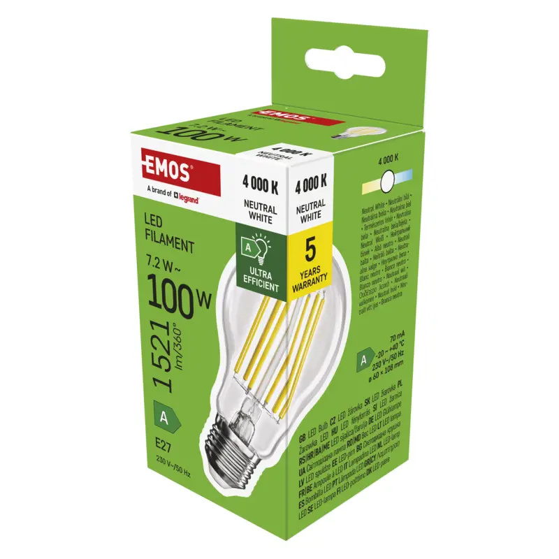 Emos lighting LED žárovka Filament A60 A CLASS / E27 / 7,2 W (100 W) / 1521 lm / neutrální bílá 1525283417