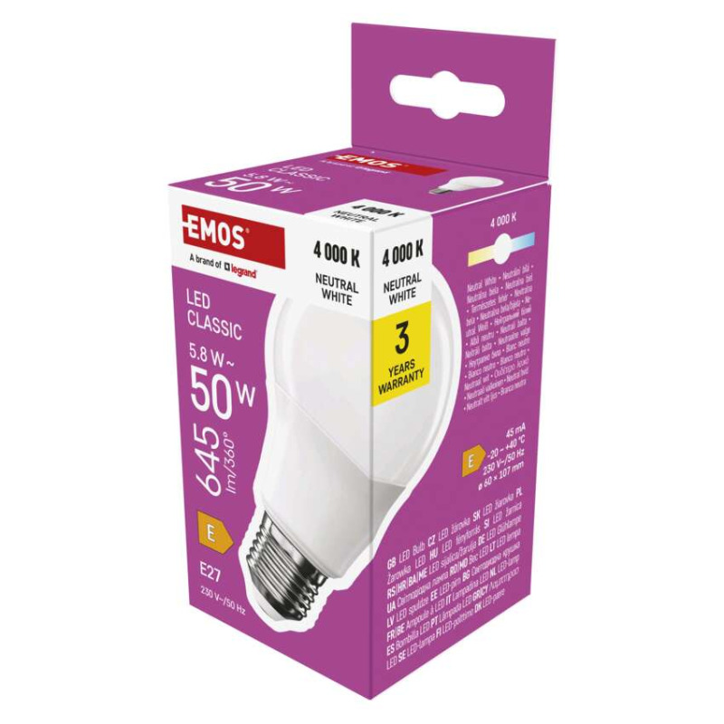 Emos lighting LED žárovka Classic A60 / E27 / 5,8 W (50 W) / 645 lm / neutrální bílá 1525733471